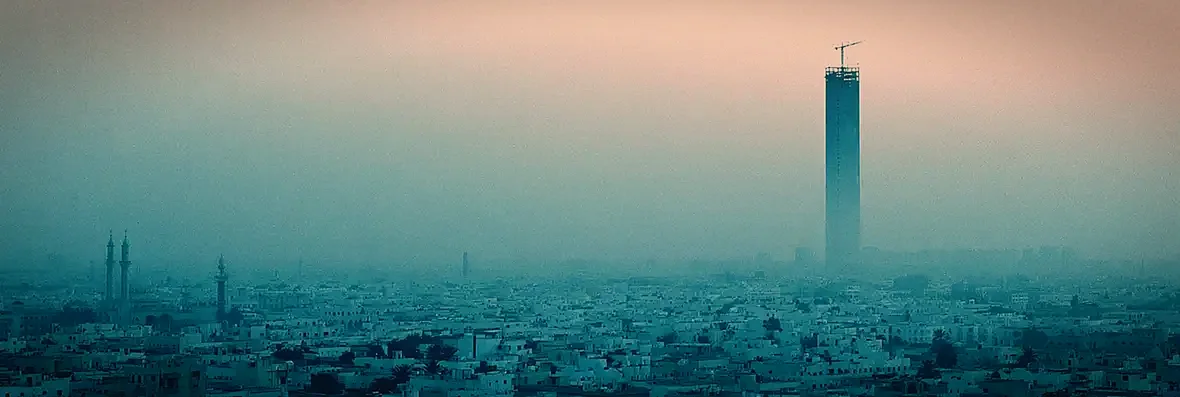 The tower rising alone above the low city in haze